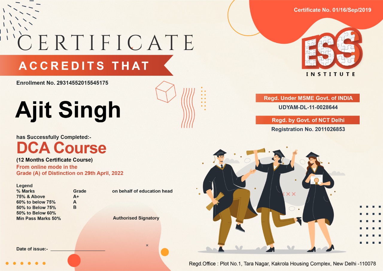 ESS Computer Institute DCA Course Certificate