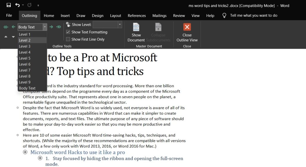 outline mode in Microsoft word