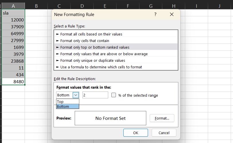 Selecting and formatting bottom or top items in excel