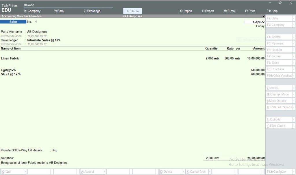 Sales voucher invoice in Tally