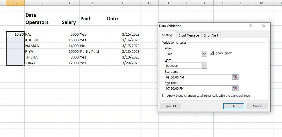 time validation in ms excel