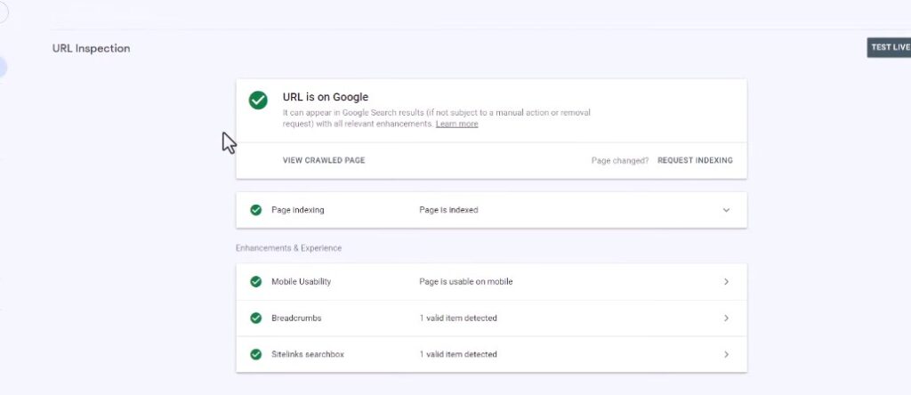 url inspection to test pages in search console 