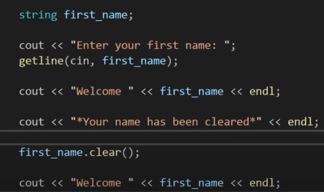 clear function string in c++